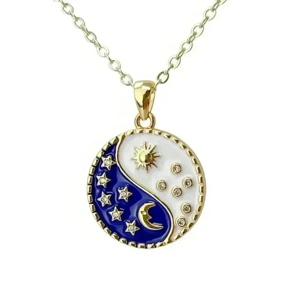 Ying Yang gold medallion necklace, bestfriend gift sun moon star coin jewelry
